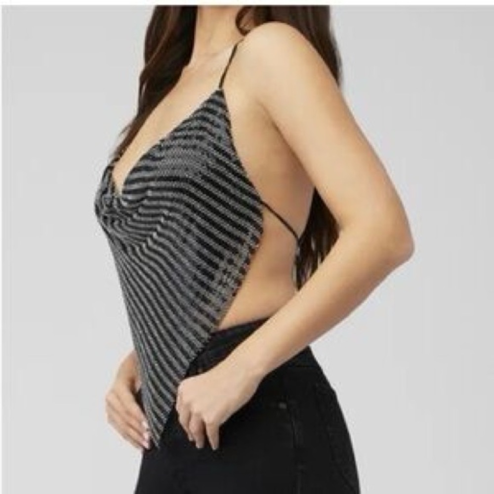 STEVE MADDEN JANET SPARKLE SILVER & BLACK BACKLESS COWL NECK PARTY HALTER TOP - Picture 9 of 14